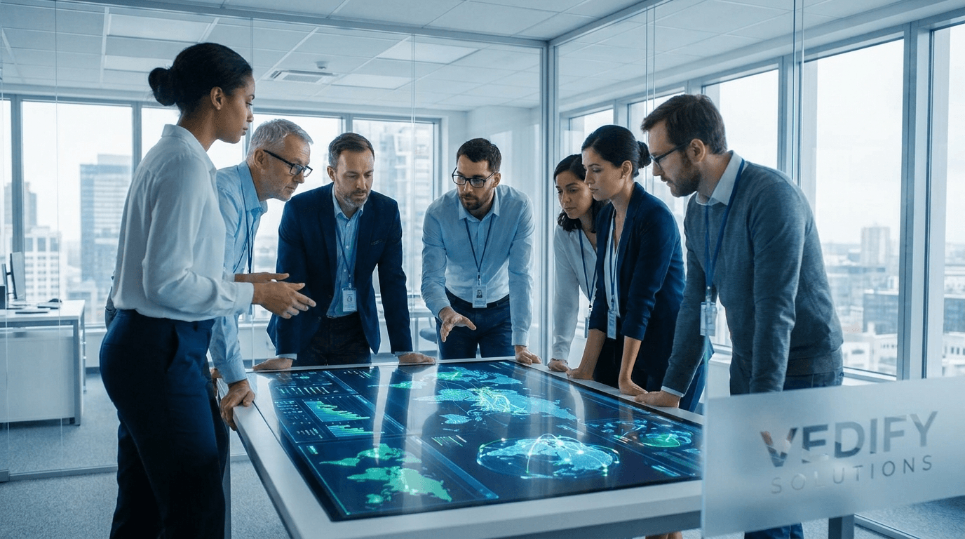 Veldex Technologies team collaborating around a strategy table